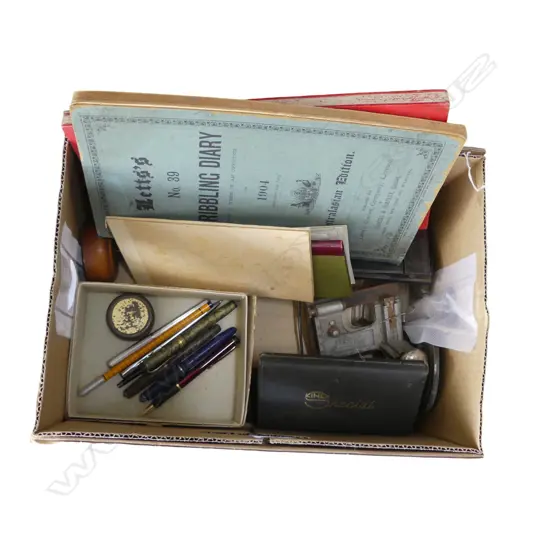 BOX OF OLD COLLECTABLES: pens + drawing instrument set + notebooks & spikes + desk items  