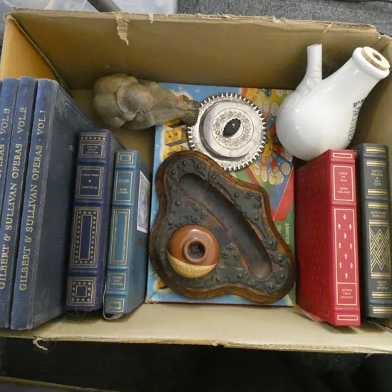 BOX LOT BOOKS ROBOT GAME INKWELL ETC