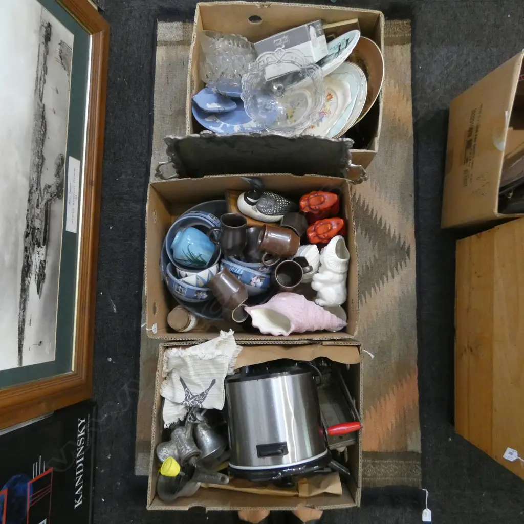THREE BOXES OF ASST. KITCHENALIA, CHINA, etc Image 1++
