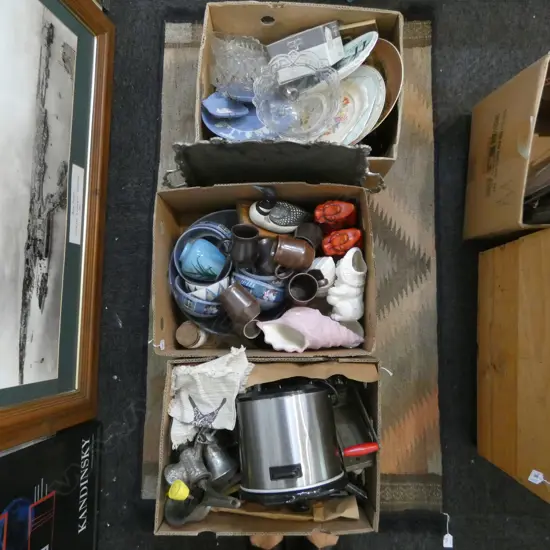 THREE BOXES OF ASST. KITCHENALIA, CHINA, etc