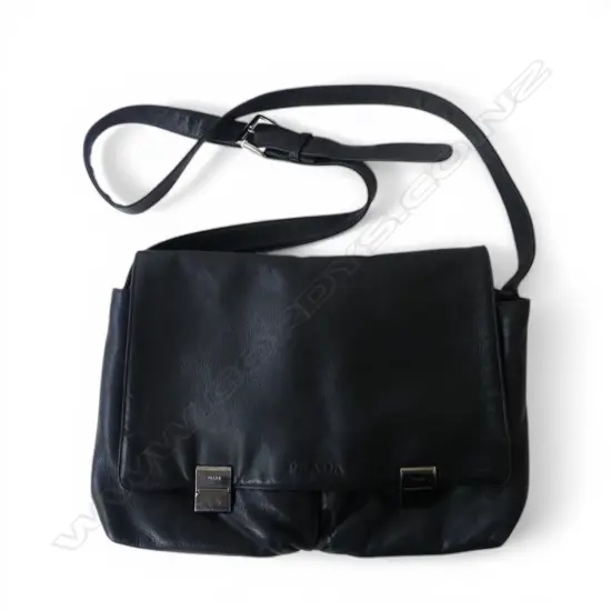 PRADA BLACK LEATHER CROSS BODY SATCHEL BAG W.380mm