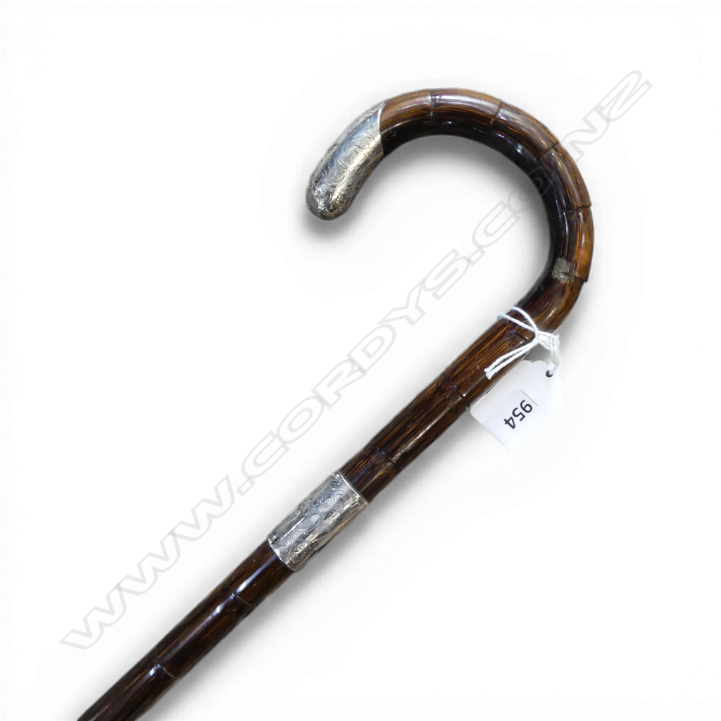 VINTAGE MALACCA CANE WALKING STICK w. STG SILVER COLLAR & CAP, HENRY TRACY & SONS, LONDON 1917, L.830mm Image 1++