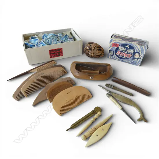 FEATHERED EGG, ASST. WOODEN COMBS, NARROW FABRIC SHUTTLE, & OTHER SEWING ITEMS including some bone + HEALTH STAMPS