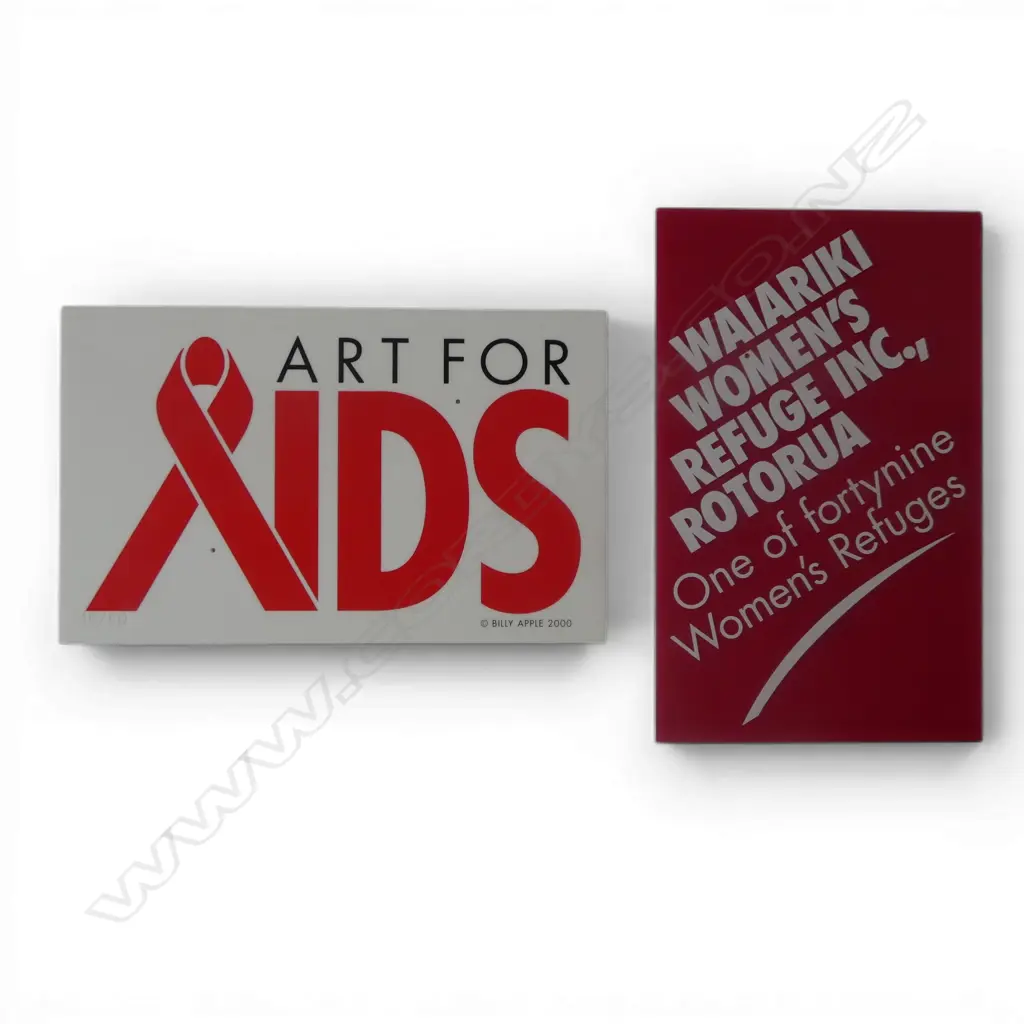 2 acrylic advertising small panels: 1 by Billy Apple 'ART FOR AIDS' LTD ED 18/50. Provenance: from the estate of.... Image 1++