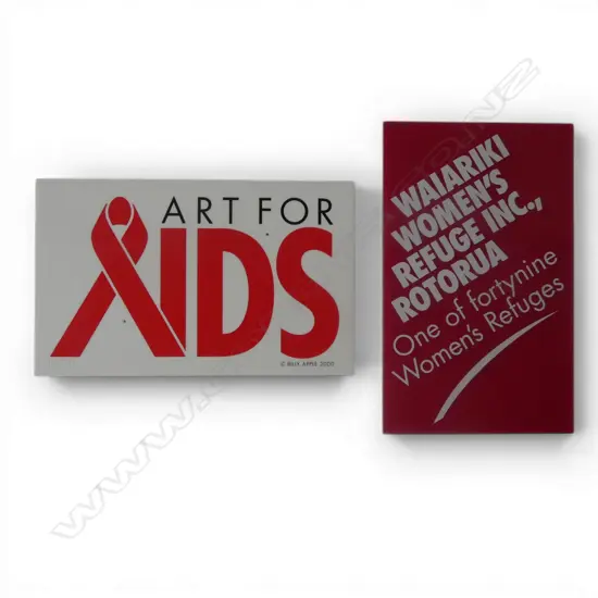 2 acrylic advertising small panels: 1 by Billy Apple 'ART FOR AIDS' LTD ED 18/50. Provenance: from the estate of....