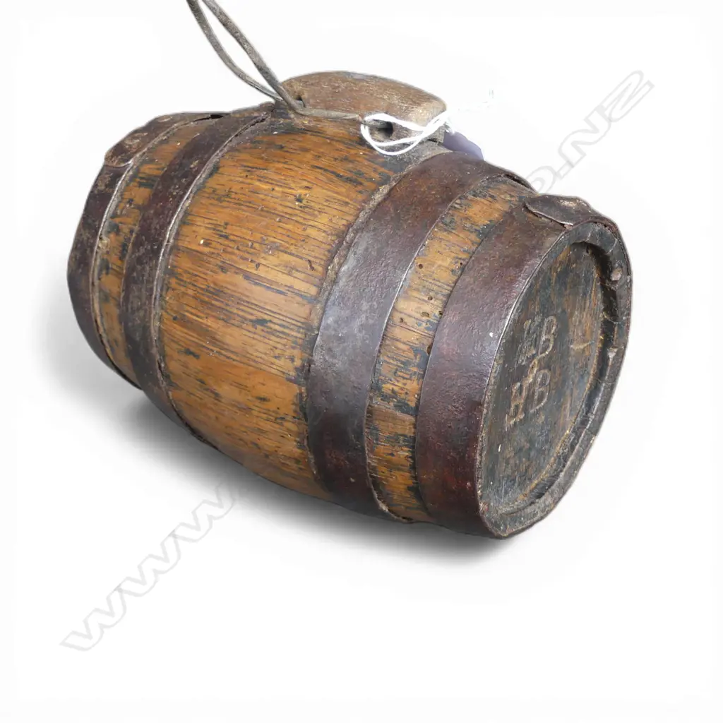 19thC SMALL OAK brewery BARREL iron bound. Incised stamp 'HB' to end. L.185mm Image 1++