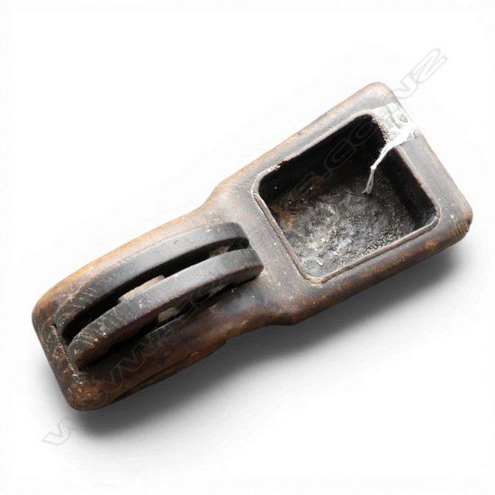 19thC CARVED ELM THREAD WAXER spoke wheel scroll carved end & square wax well. L.185mm