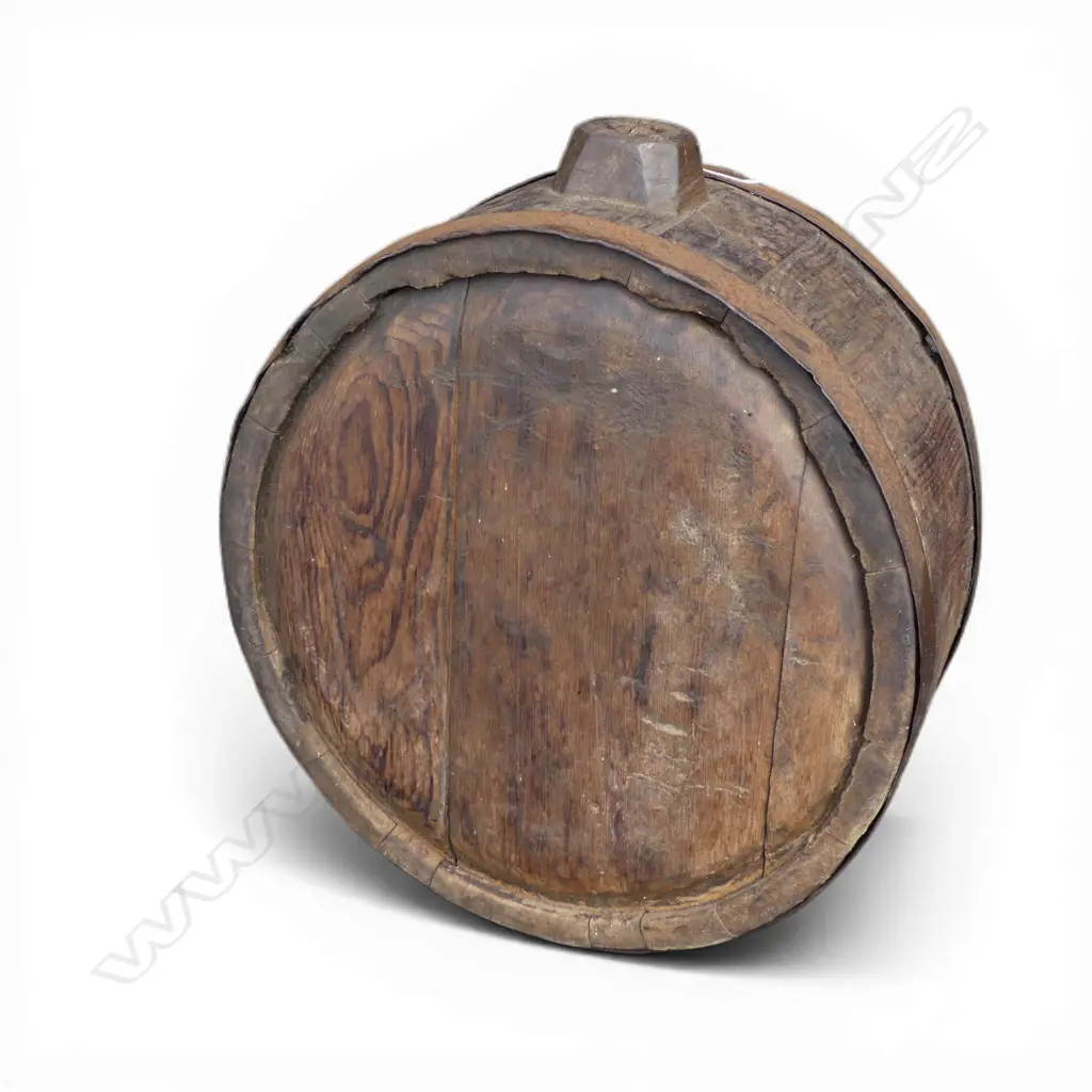 OLD OAK BARREL FORM STANDING FLASK metal bands. Dia.285mm. Provenance: Ex. estate of Adrian Michael Garrett. Kerikeri Image 1++