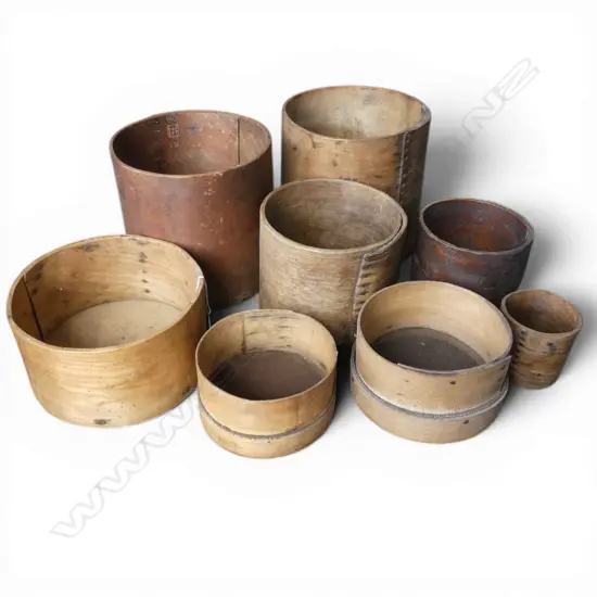 8 ANTIQUE PRIMITIVE WOODEN BUCKETS & SIEVE/STRAINERS Largest Dia.25mm