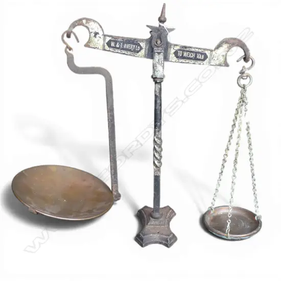SET VICTORIAN STANDING AVERY BALANCE SCALES copper pans. 'To Weigh 10LBS' Ex. estate Adrian Michael Garrett. Kerikeri 