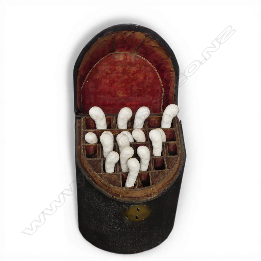 18thC George II / George III SHAGREEN COVERED KNIFE BOX SET WITH GEORGE III  PORCLAIN HANDLED CUTLERY H.300mm Image 1++