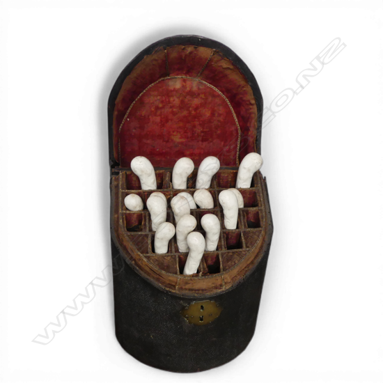 18thC George II / George III SHAGREEN COVERED KNIFE BOX SET WITH GEORGE III  PORCLAIN HANDLED CUTLERY H.300mm