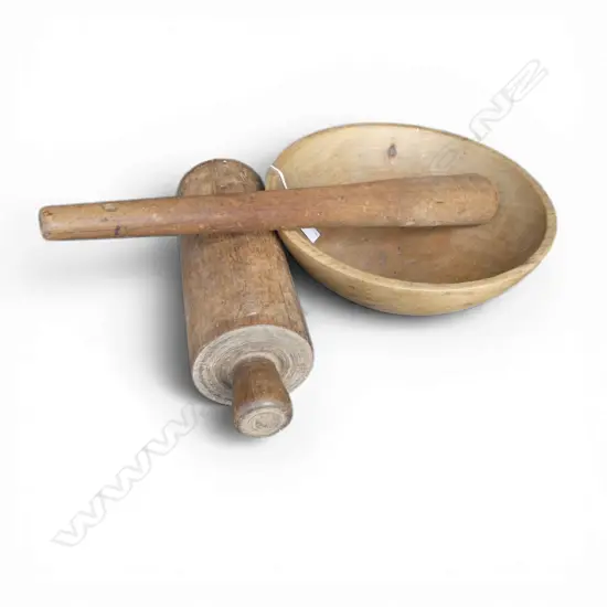 OLD ELM BOWL + 1 HANDLE ROLLING PIN + MALLET/BEATER L.455mm