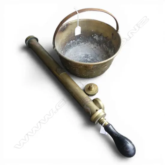 OLD BRASS JAM PAN + PUMP SPRAYER with loose fitting. Provenance: Ex. estate of Adrian Michael Garrett. Kerikeri 