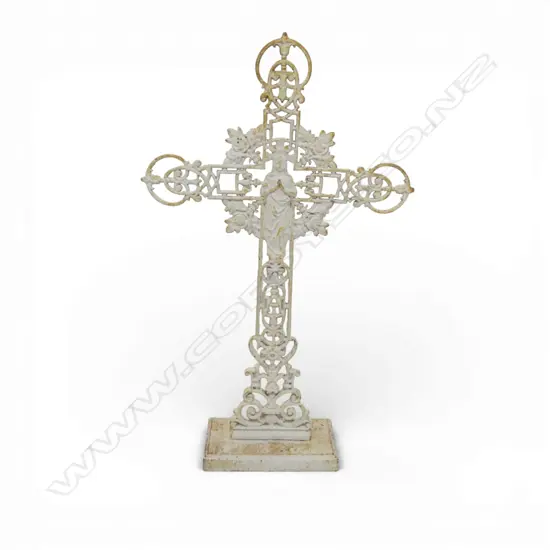 VINTAGE WHITE PAINTED CAST IRON CROSS 885x515mm