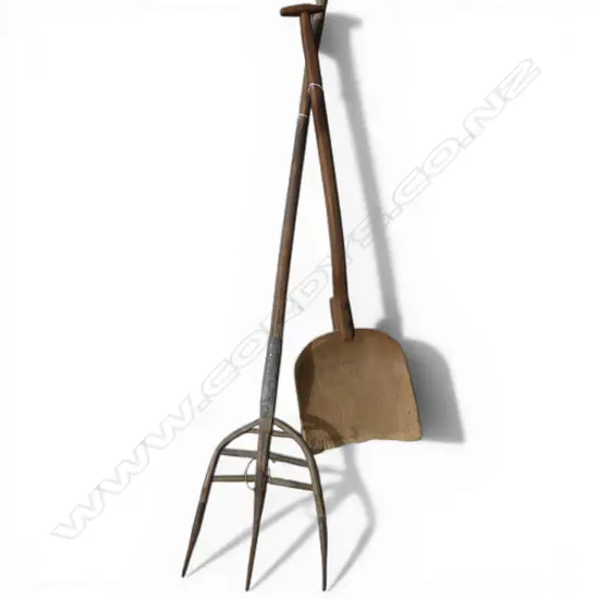 2 19thC COUNTRY WOODEN LONG FARM IMPLEMENTS fork + spade. Longest 1680mm