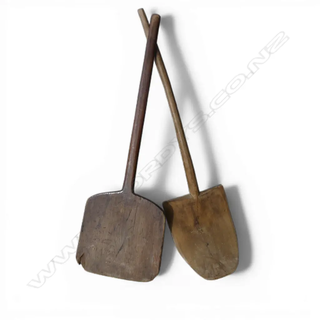 2 19thC COUNTRY WOODEN LONG FARM IMPLEMENTS bladed ends. Longest 1100mm Image 1++