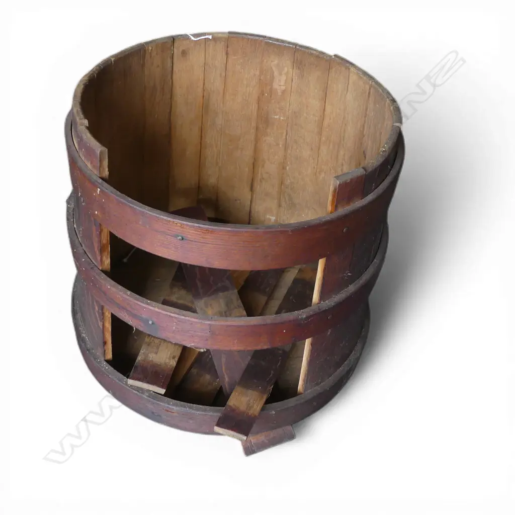 19thC OAK COOPERED BARREL. Some re-assembly required. Wood bound. Dia.520mm. H.430mm. Image 1++