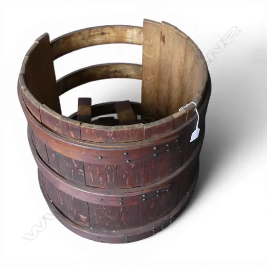 19thC OAK COOPERED BARREL. Some re-assembly required. Wood bound. Dia.520mm. H.430mm.
