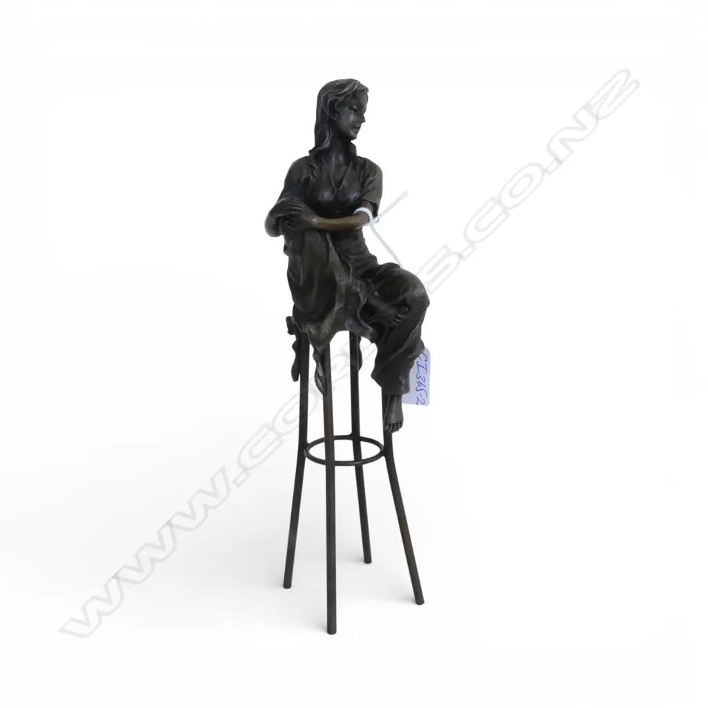 20THc BRONZE WOMAN SEATED ON A TALL STOOL. H.270mm Image 1++