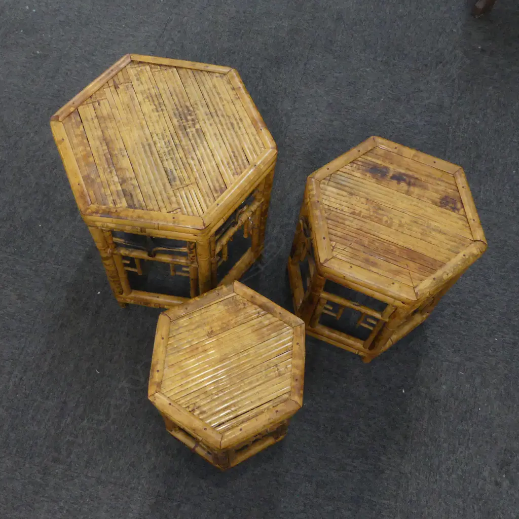 3 ORIENTAL BAMBOO HEXAGONAL SIDE TABLES H.510mm 490mm dia Image 1++