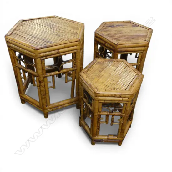 3 ORIENTAL BAMBOO HEXAGONAL SIDE TABLES H.510mm 490mm dia
