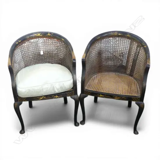 PR CHINOISERIE ARMCHAIRS w. WOVEN CANE PANELS (require attention)