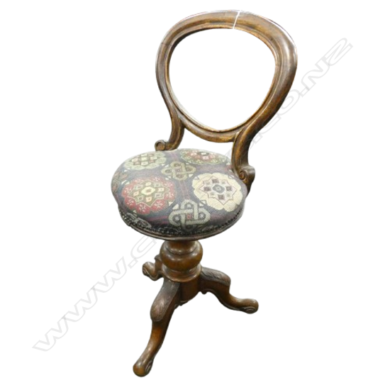 VICTORIAN WALNUT BALLOON BACK SWIVEL CHAIR / PIANO STOOL