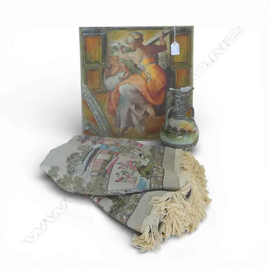 NORITAKE VASE H170 & ORIENTAL TABLE CLOTH & CLASSICAL TILE