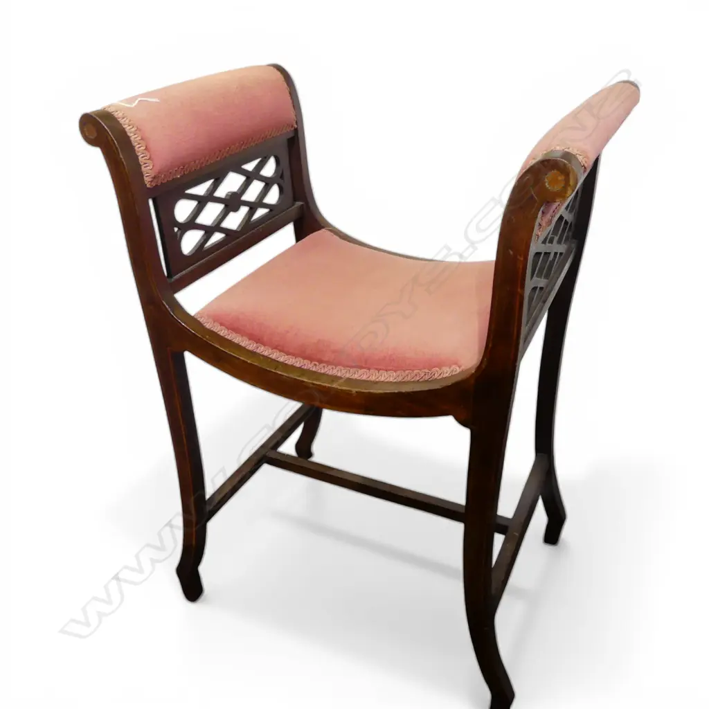 SADDLE SHAPED PINK VELVET COVERED EDWARDIAN BEDROOM STOOL H740MM  Image 1++