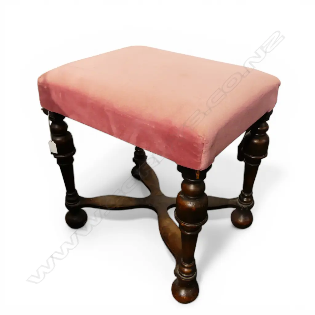 CROSS STRETCHERED PINK VELVET TOPPED BEDROOM STOOL H500MM Image 1++