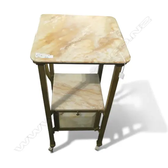 ITALIAN BRASS & ONYX SIDETABLE ON WHITE PORCLAIN CASTERS H820 L410MM