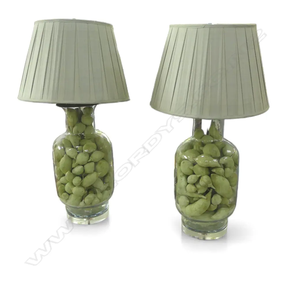 PR TABLE LAMPS; GLASS BASES w. GREEN FAUX FRUIT INSIDE, PLEATED CELADON SILK SHADES H.870mm  american plugs Image 1++