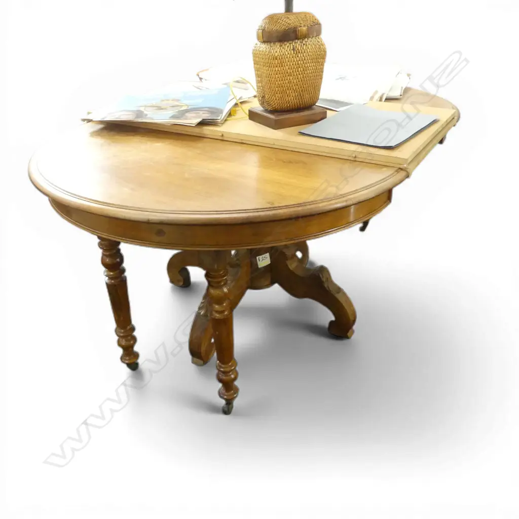 19thC PEDESTAL WALNUT DINING TABLE w. 2 PLYWOOD LEAVES Image 1++