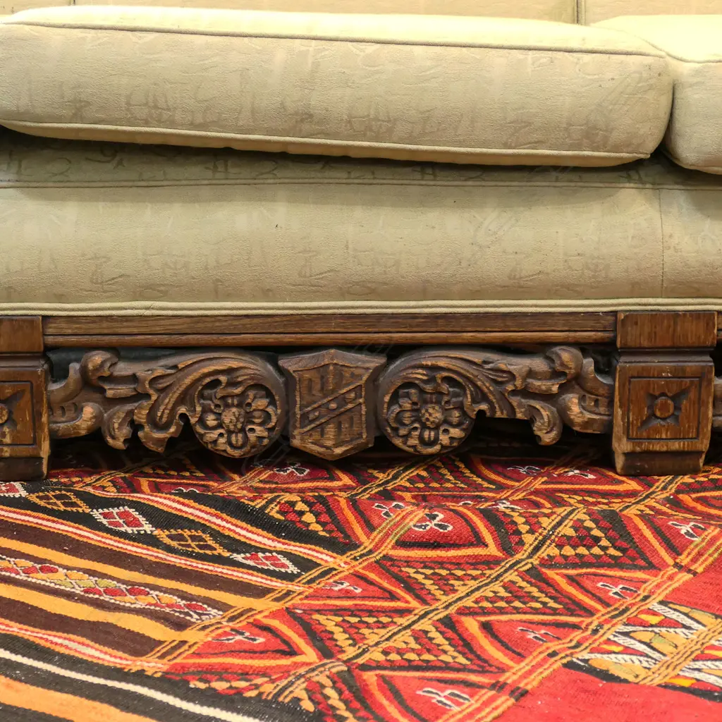 C.1900 UPHOLSTERED 3-4 SEATER SOFA, TUDOR STYLE W.2180mm Image 1++