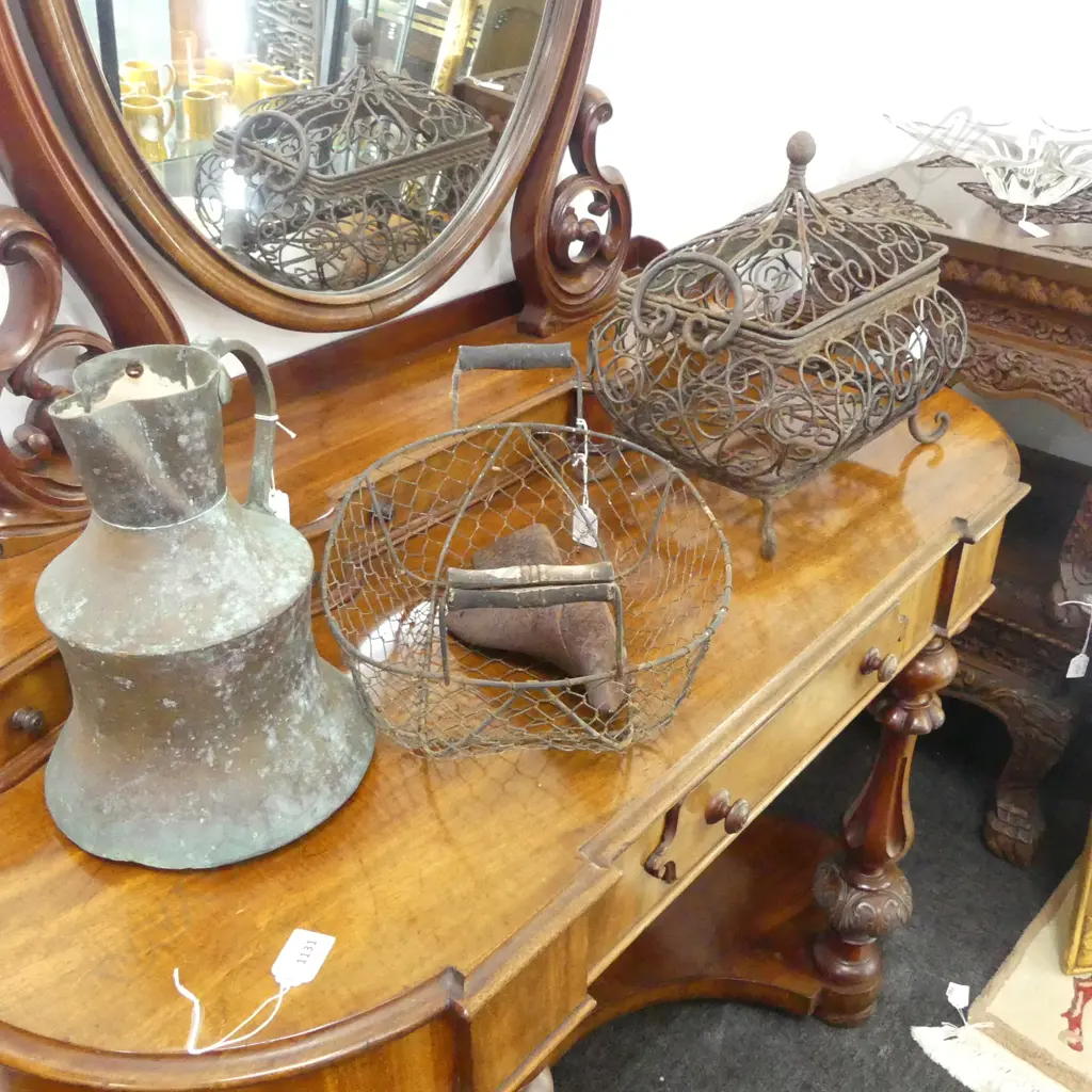 COPPER JUG, 2 BASKETS + METAL SHOE LAST  Image 1++