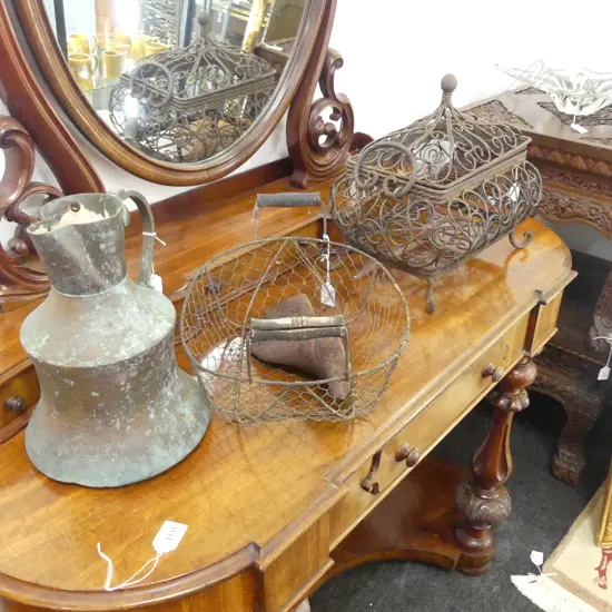 COPPER JUG, 2 BASKETS + METAL SHOE LAST 