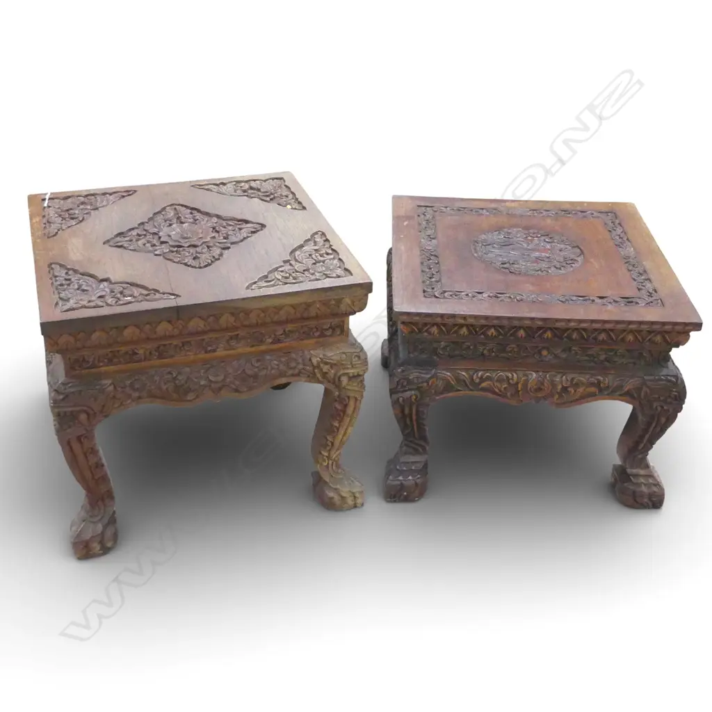 2 CARVED CHINESE TABLES 500x500x460 & 500x500x400mm Image 1++