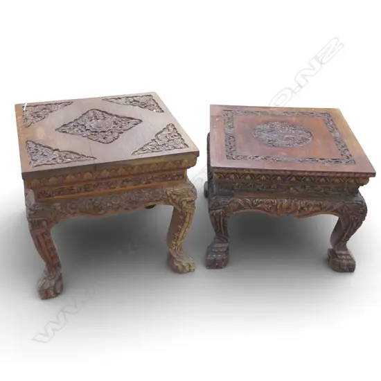2 CARVED CHINESE TABLES 500x500x460 & 500x500x400mm
