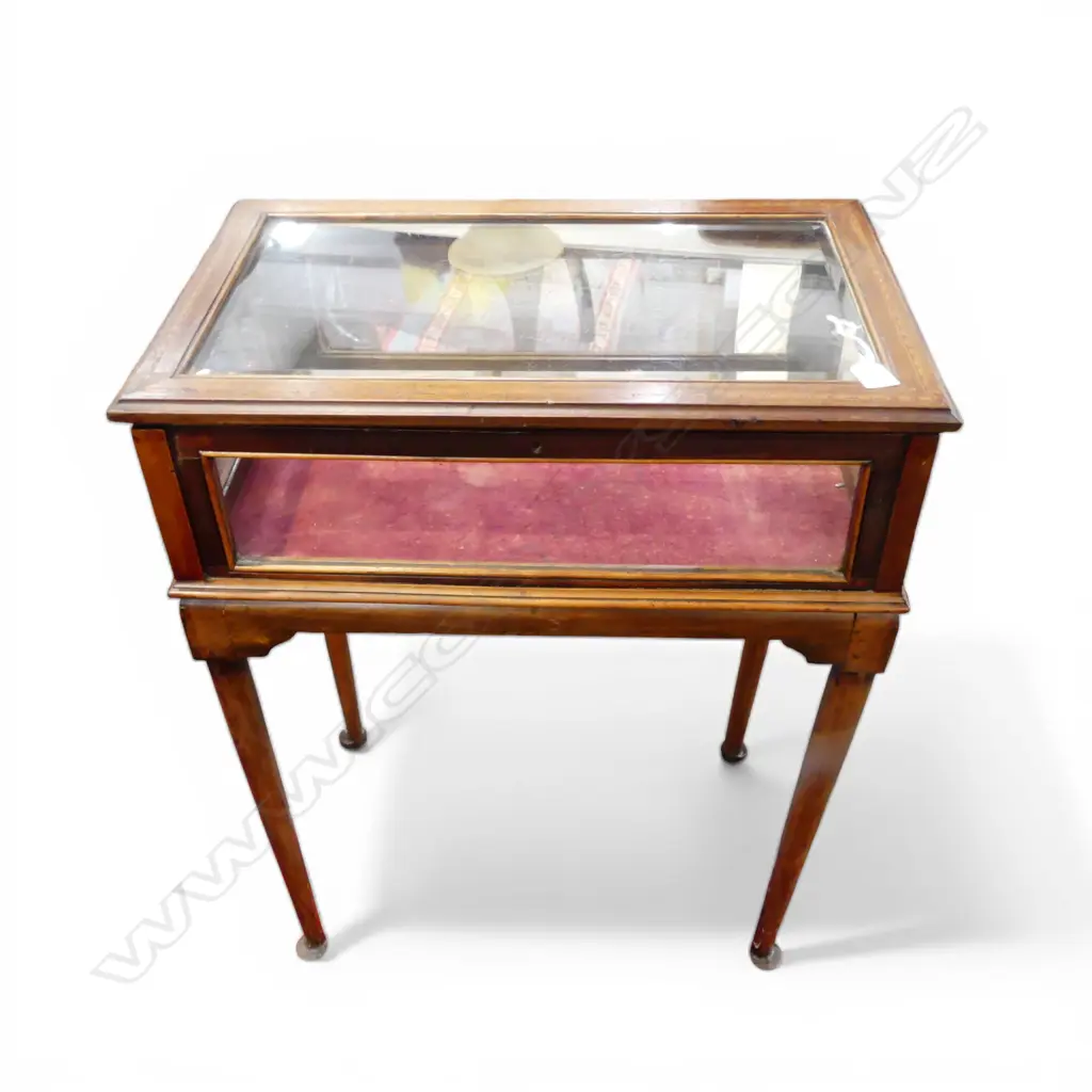 EDWARDIAN INLAID MAHOGANY TABLE VITRINE hinged lid. On slender legs 1 a little wobbly 590 x 360 x 740mm Image 1++