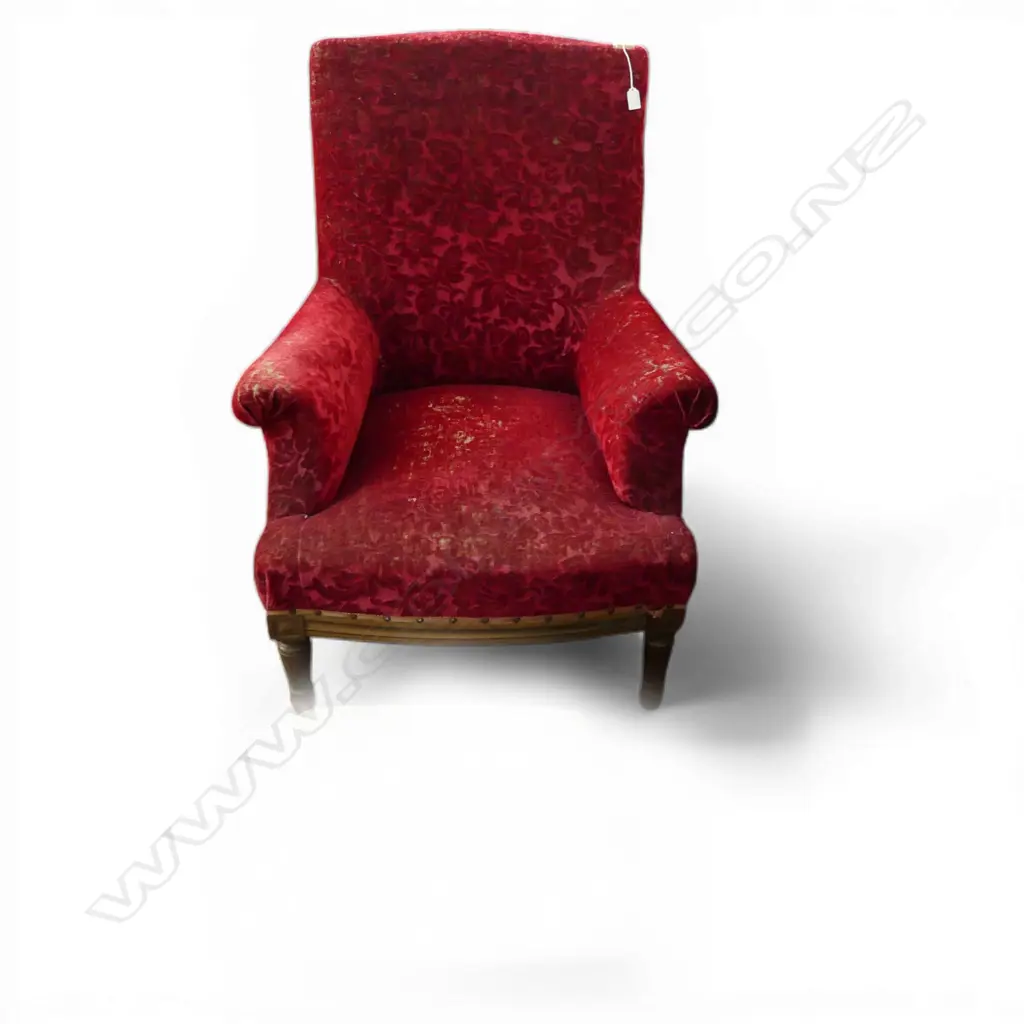 ANTIQUE FRENCH ARMCHAIR WORN RED CUT VELVET UPHOLSTERY H930MM Image 1++