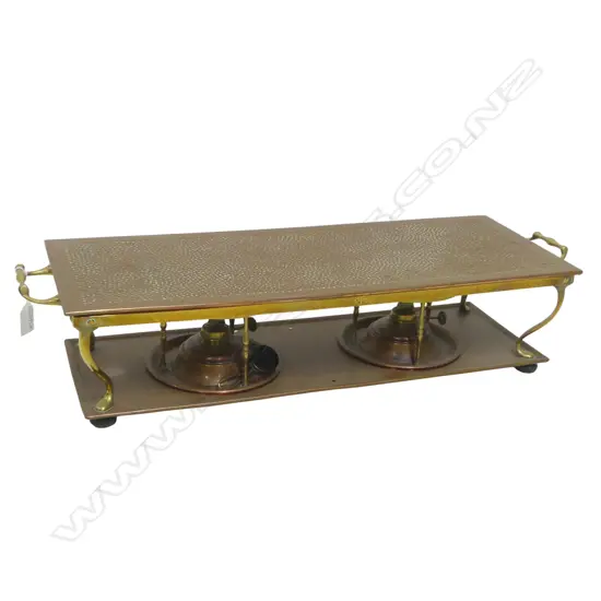 c.1900 BRASS AND COPPER TWIN BURNER WARMING STAND 'BRITISH MAKE'. L.690mm