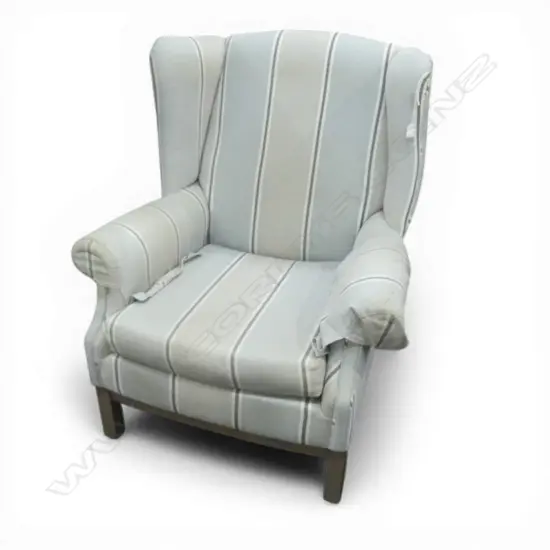 WING BACK ARMCHAIR IN STRIPED UPHOLSTERY SOME STAINS