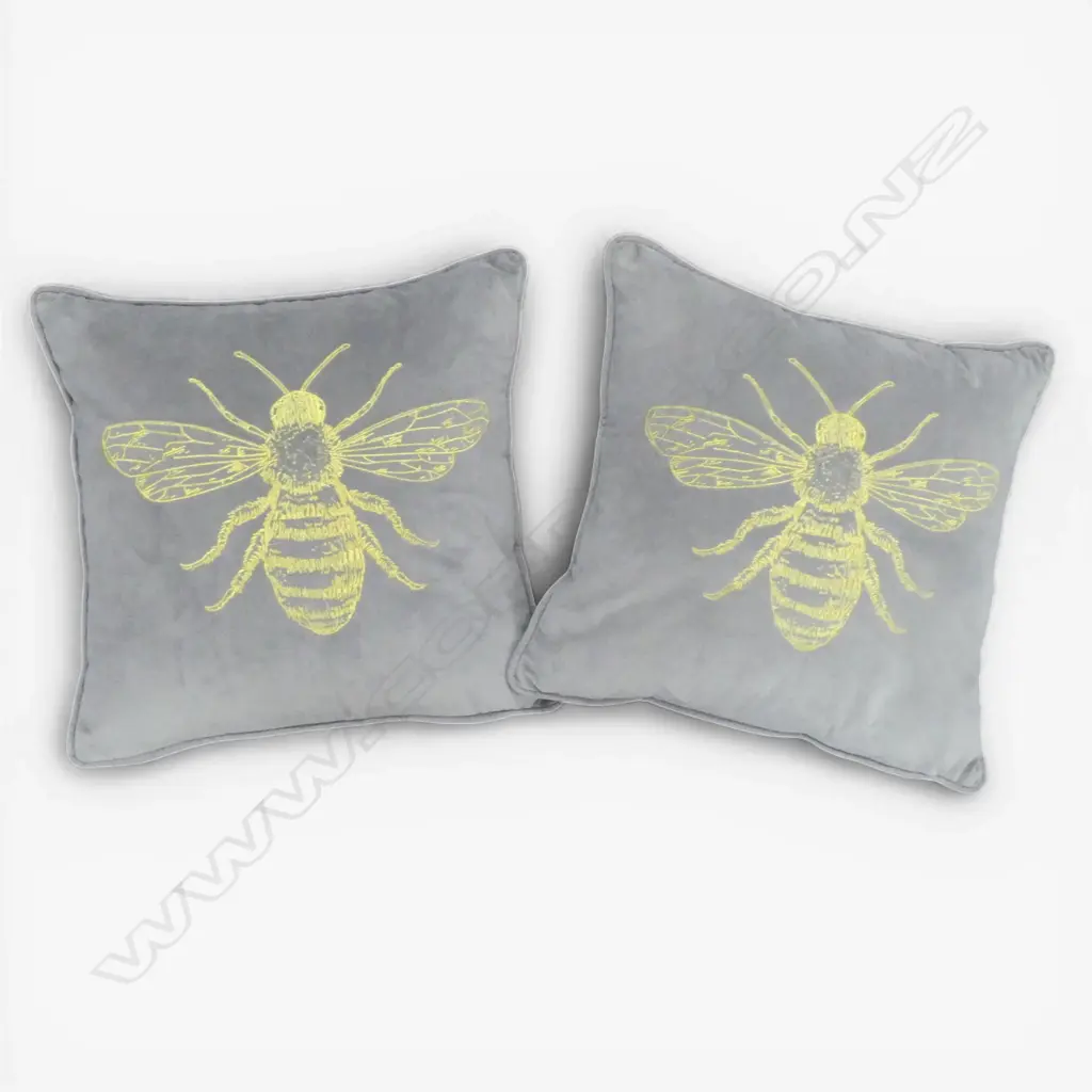 PR OF GREY VELVET BEE CUSHIONS WITH FEATHER INNER Image 1++