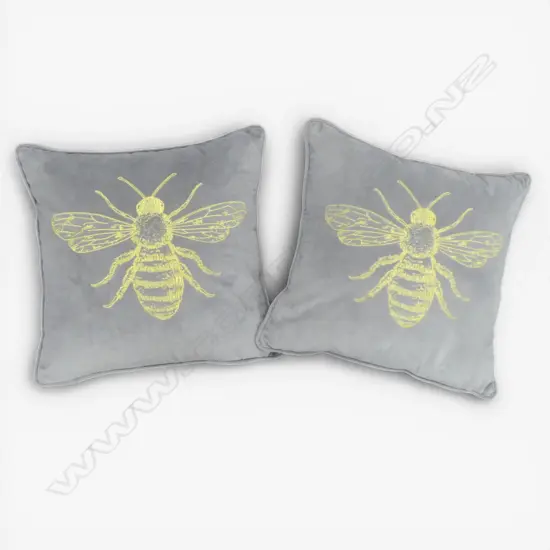 PR OF GREY VELVET BEE CUSHIONS WITH FEATHER INNER