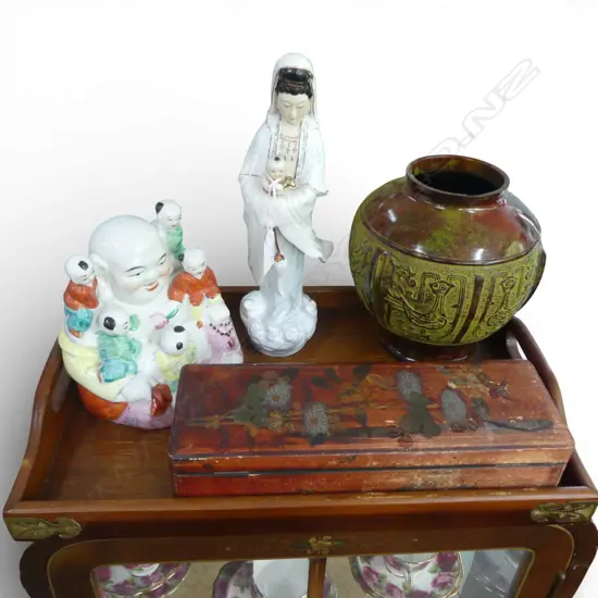 5 ORIENTAL PCES; TRAY W.430mm, 2 FIGURINES, METAL VASE, CONTAINER L.290mm