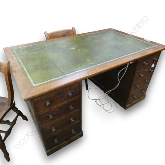 VICTORIAN OAK TWIN PEDESTAL DESK tooled green leather top 1 x 4 drawer pedestal the other w door. 1525 x 915 x 730mm