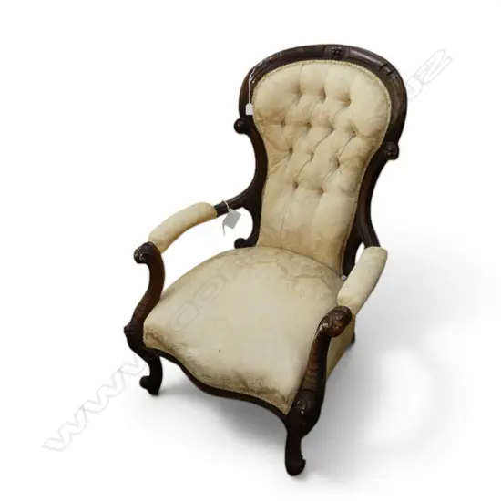 CARVED VICT OPEN ELBOW GRANDMOTHER CHAIR CREAM BROCADE FABRIC