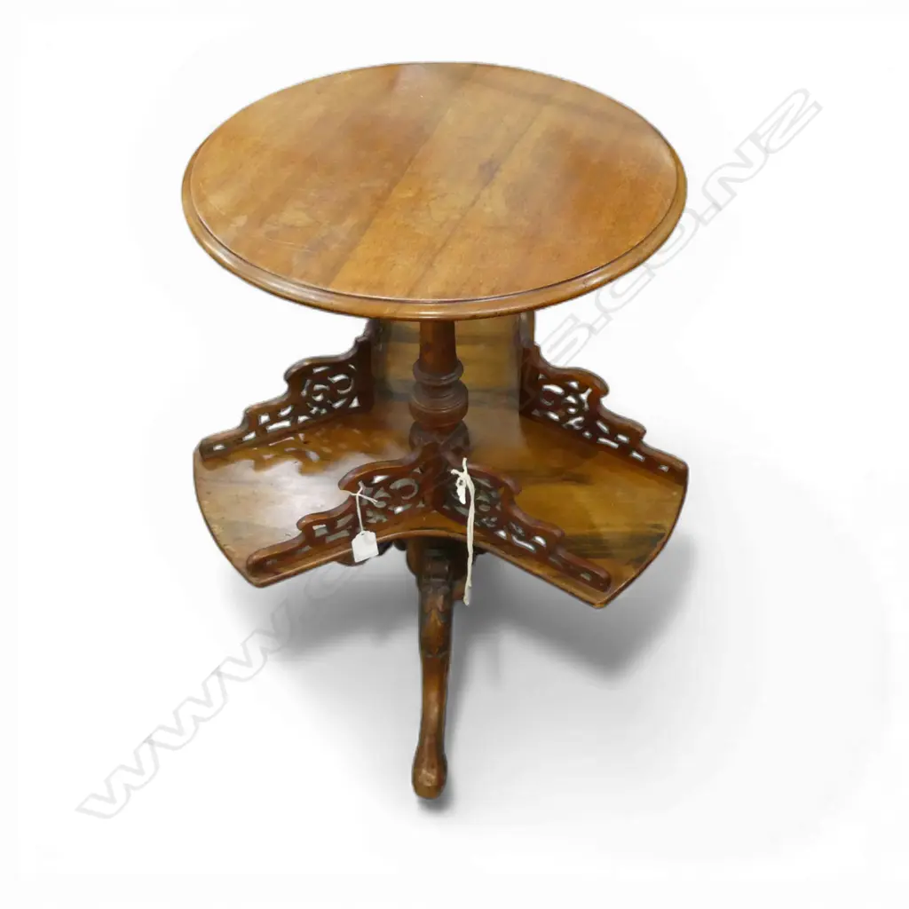 VICT WALNUT WINE TABLE WITH REVOLVING FRETWORK BOOK RACK Image 1++