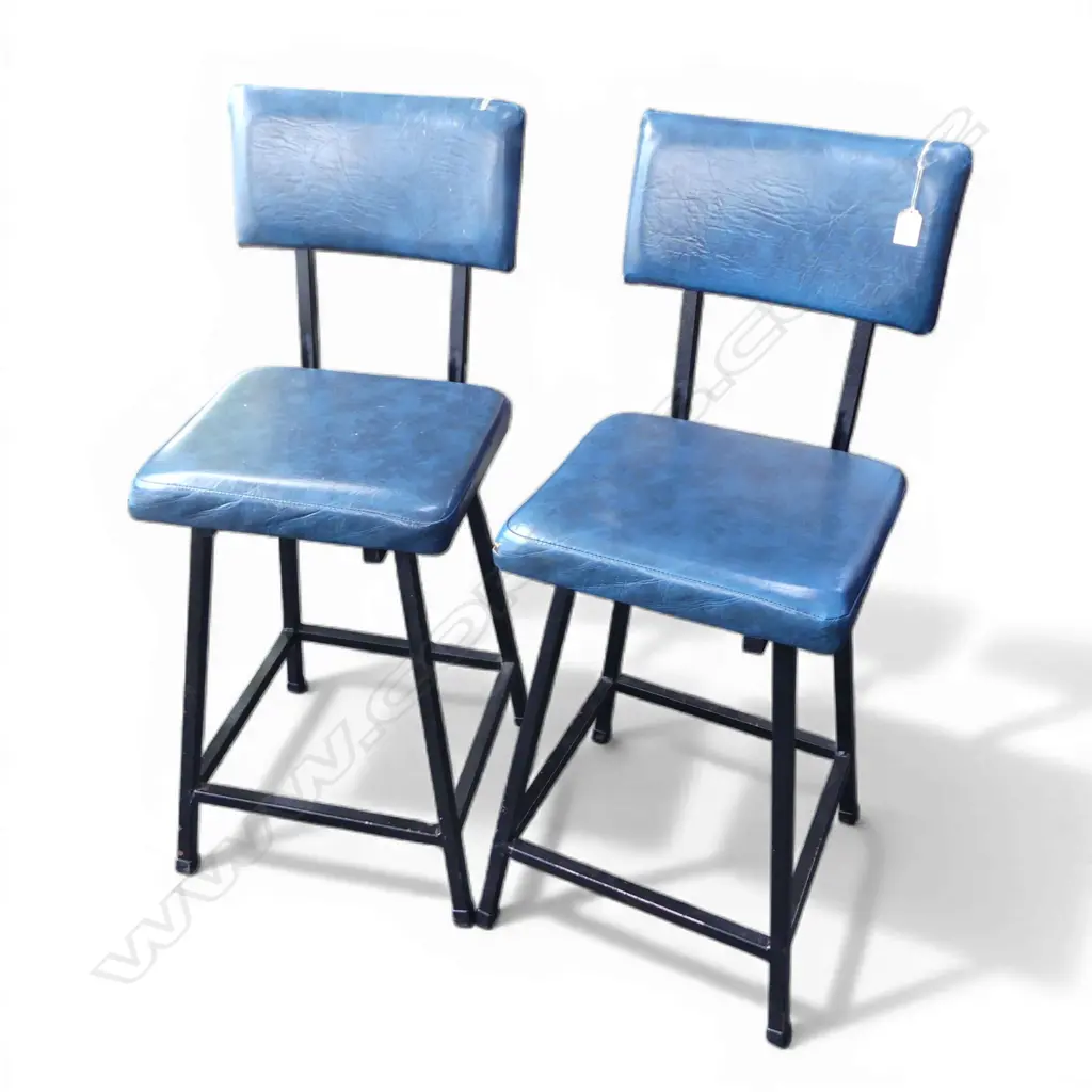 PR VINTAGE BLUE VINYL & STEEL FRAMED TALL BENCH SEATS Image 1++